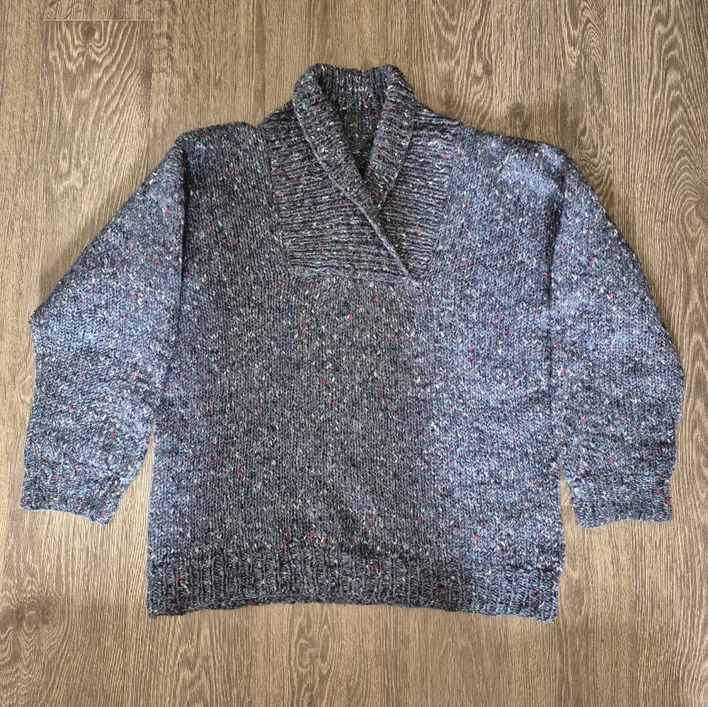 Handmade Hand Knit Wool Mohair Knit Sweater Blue Flecks Red White Cobain